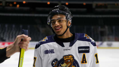 Forward Malcolm Spence #17 of the Erie Otters during the morning skate prior to the CHL USA Prospects Challenge at Canada Life Place on November 26, 2024 in London, Ontario. (Photo by Dennis Pajot/Getty Images)