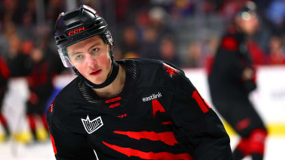 Caleb Desnoyers #18 of the Moncton Wildcats skates before the game against the Baie-Comeau Drakkar during Round two - Game one of the QMJHL playoffs at Avenir Centre on April 11, 2025 in Moncton, Canada. (Photo by Dale Preston/Getty Images)